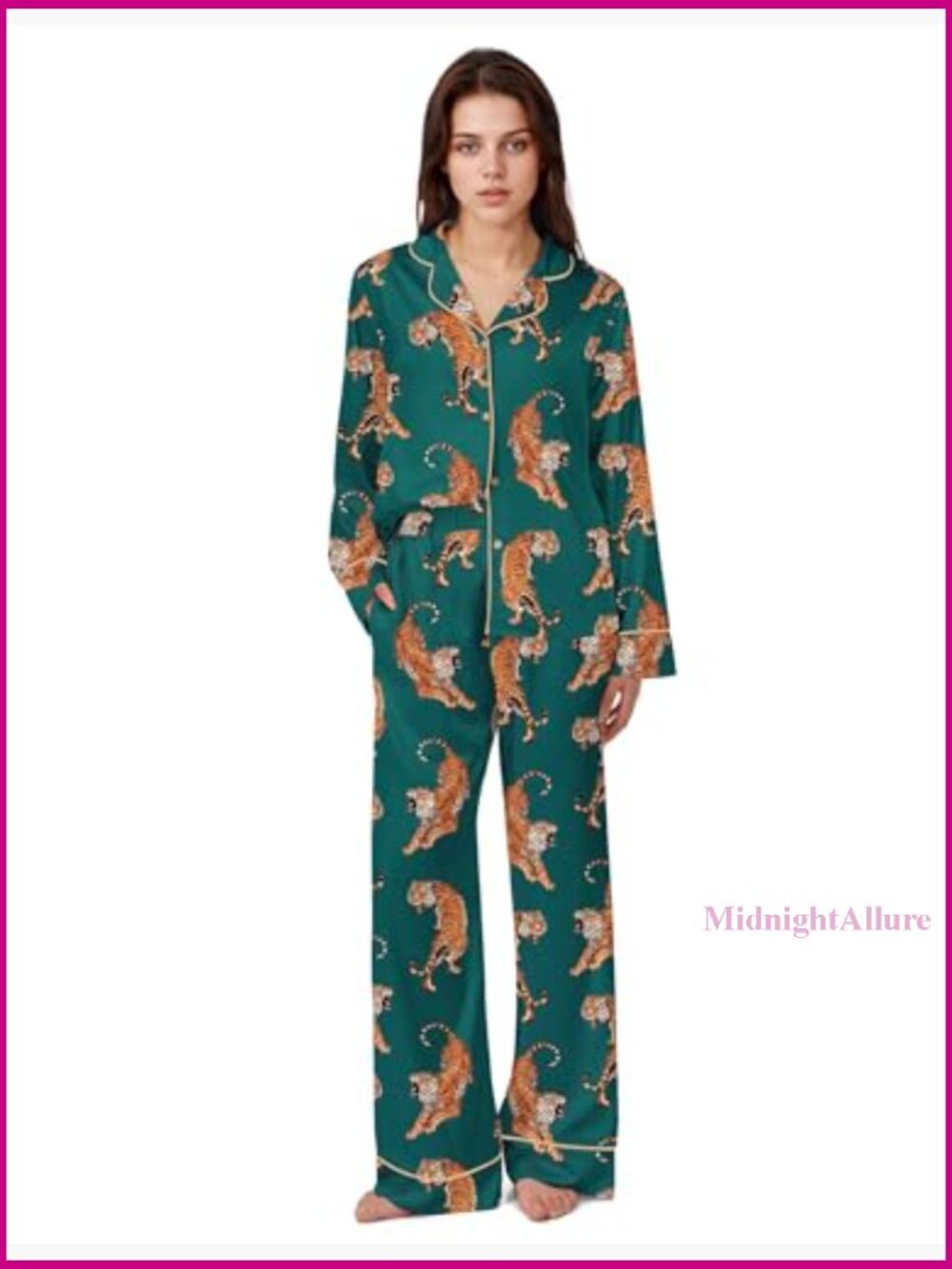 Women's Satin Pajama Set Long Sleeve Button Down PJs 2 Piece Lounge Set - Picture 5 of 7